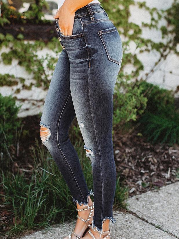 Women's Jeans Ripped Buttons Slim Mid-Rise Jeans