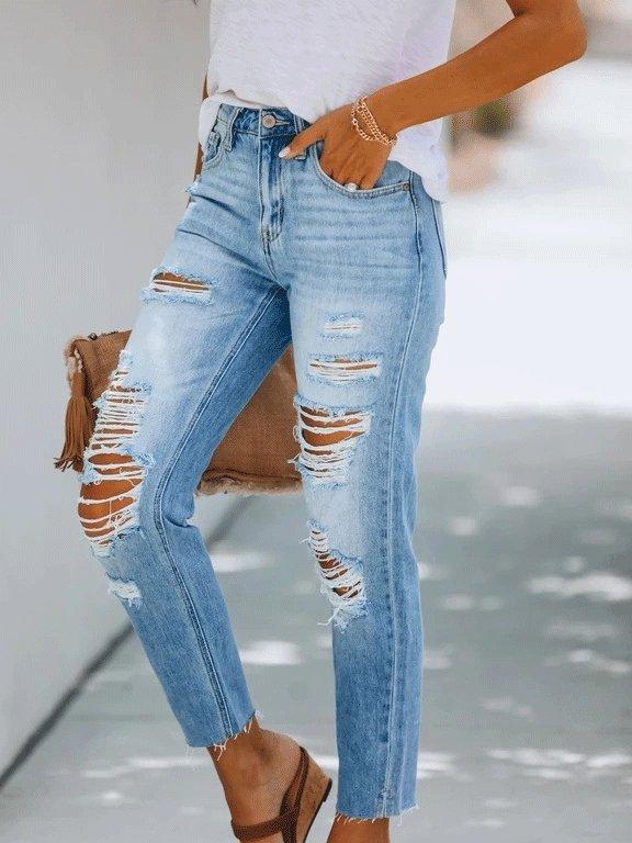 Women's Jeans Simple Temperament Ripped Slim-Fit Washed Jeans