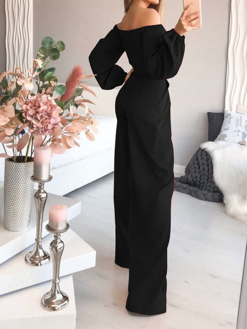 Women's Jumpsuits Boat Neck Long Sleeve Pocket Slim Jumpsuit