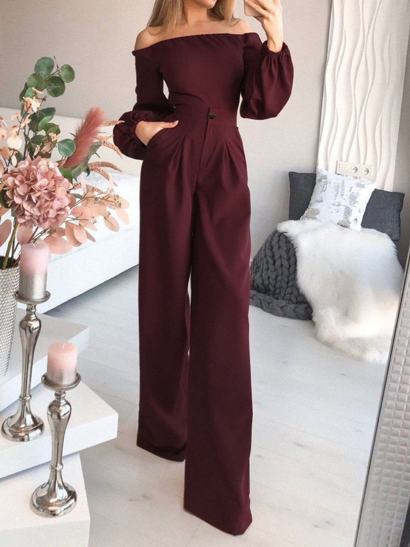 Women's Jumpsuits Boat Neck Long Sleeve Pocket Slim Jumpsuit