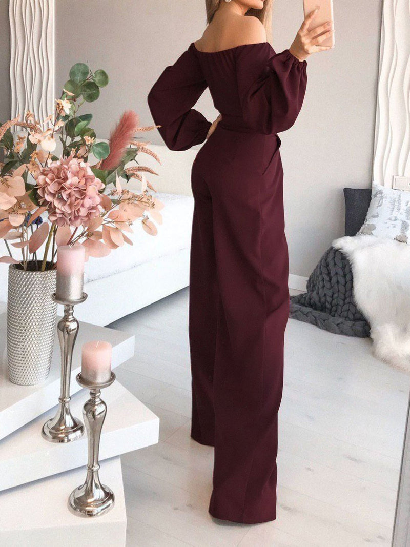 Women's Jumpsuits Boat Neck Long Sleeve Pocket Slim Jumpsuit