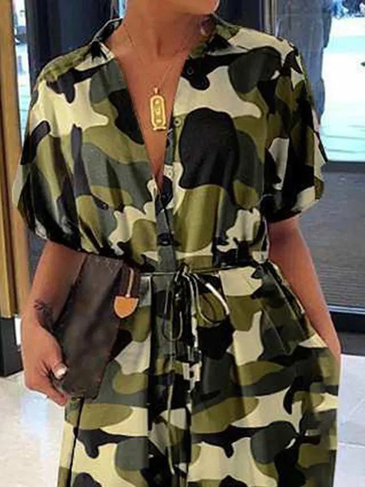 Women's Jumpsuits Camouflage Lapel Tie Button Casual Jumpsuit