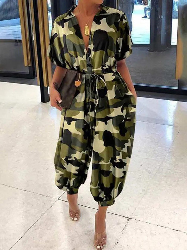 Women's Jumpsuits Camouflage Lapel Tie Button Casual Jumpsuit