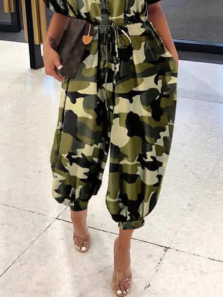 Women's Jumpsuits Camouflage Lapel Tie Button Casual Jumpsuit