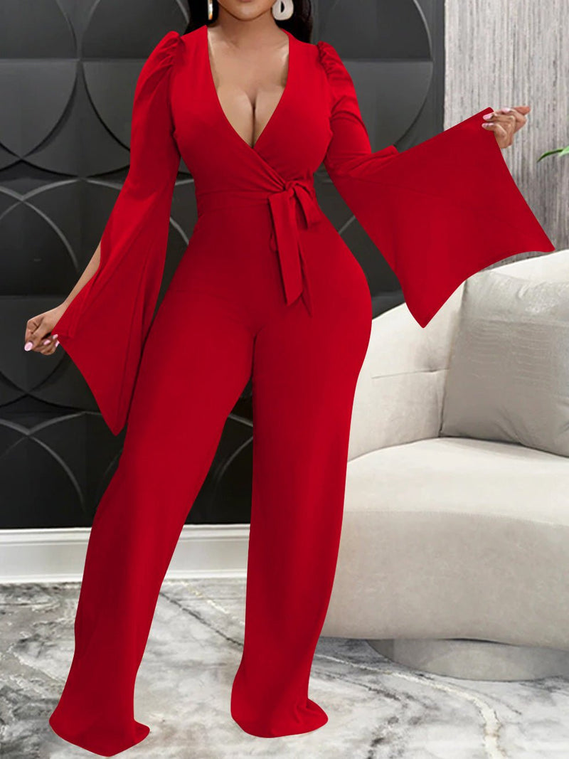 Women's Jumpsuits Deep V Neck Tie Slit Long Sleeve Slim Fit Jumpsuit