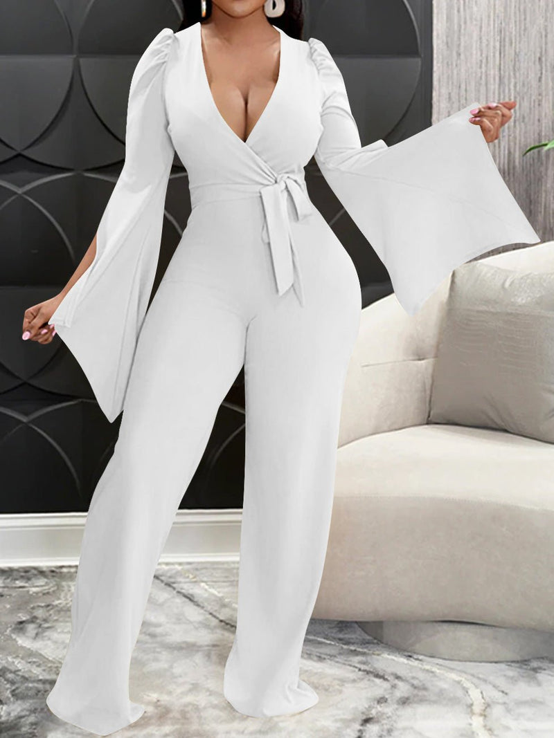 Women's Jumpsuits Deep V Neck Tie Slit Long Sleeve Slim Fit Jumpsuit