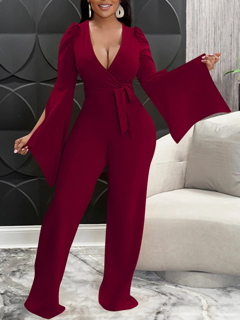 Women's Jumpsuits Deep V Neck Tie Slit Long Sleeve Slim Fit Jumpsuit