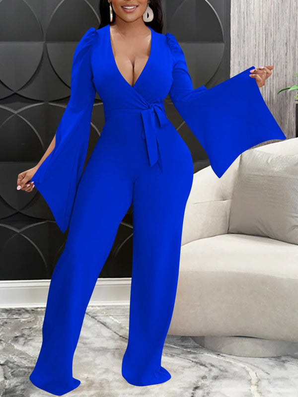 Women's Jumpsuits Deep V Neck Tie Slit Long Sleeve Slim Fit Jumpsuit