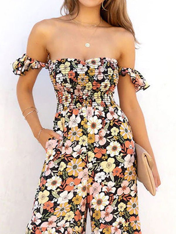 Women's Jumpsuits Floral Print One-Shoulder Pocket Jumpsuit