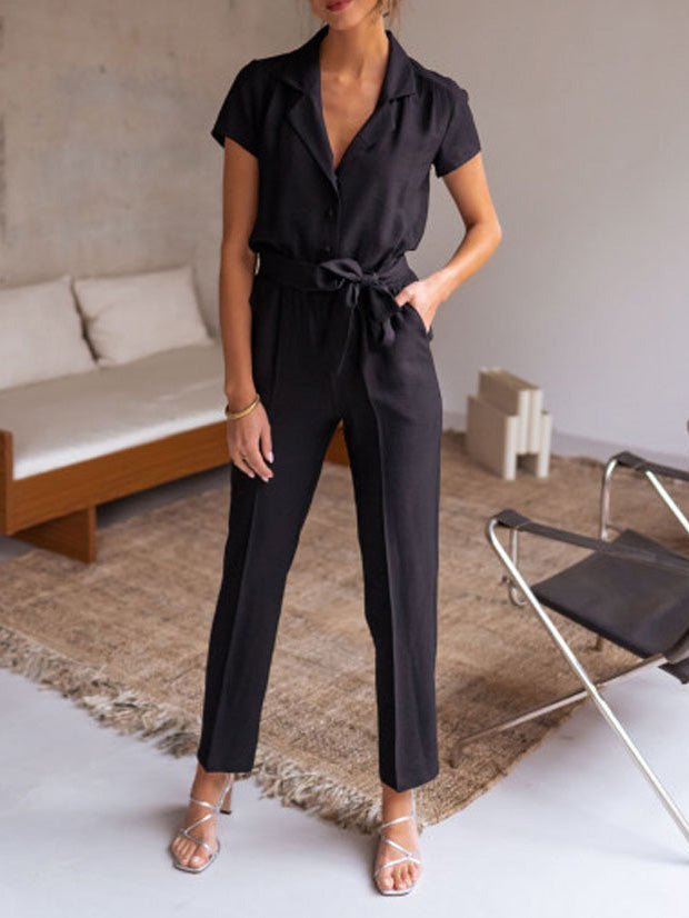 Women's Jumpsuits Lapel Lace-Up Pocket Casual Jumpsuit