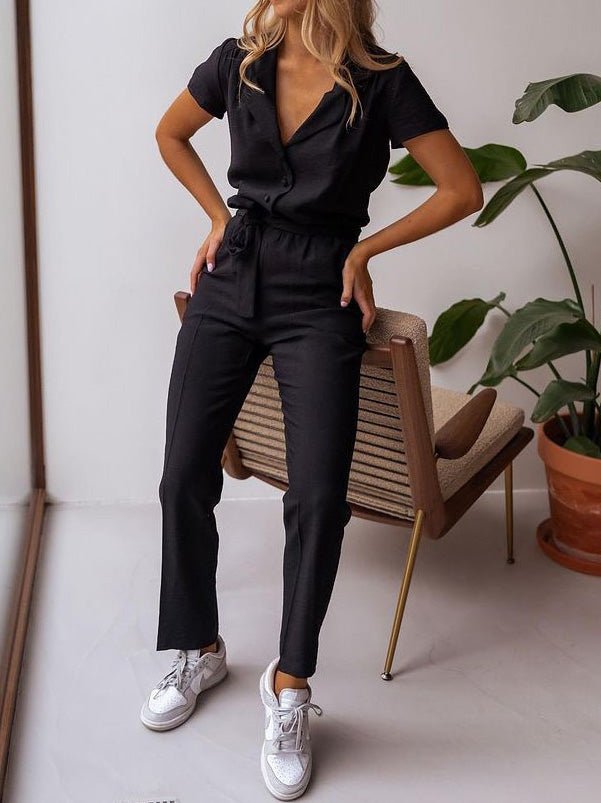 Women's Jumpsuits Lapel Lace-Up Pocket Casual Jumpsuit