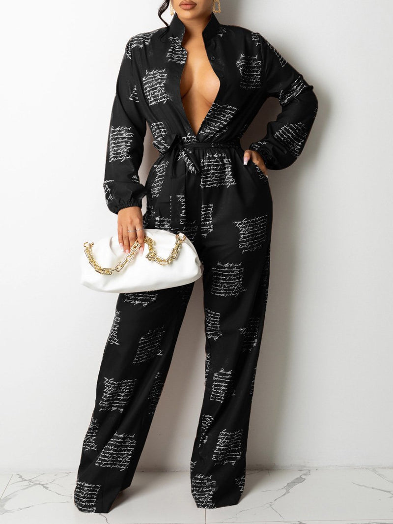 Women's Jumpsuits Letter Print Long Sleeve Shirt Jumpsuit With Belt