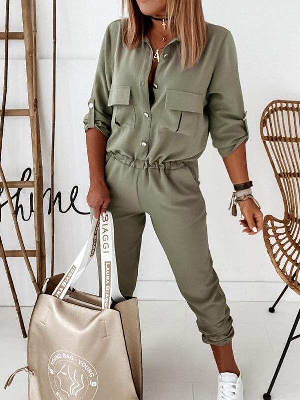 Women's Jumpsuits Long Sleeve Cargo Pocket Button Jumpsuit