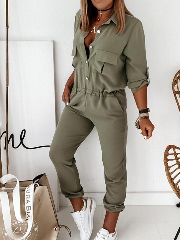 Women's Jumpsuits Long Sleeve Cargo Pocket Button Jumpsuit