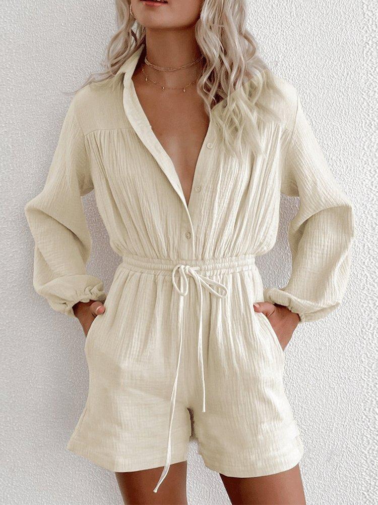 Women's Jumpsuits Long Sleeve Drawstring Pocket Single-Breasted Jumpsuit