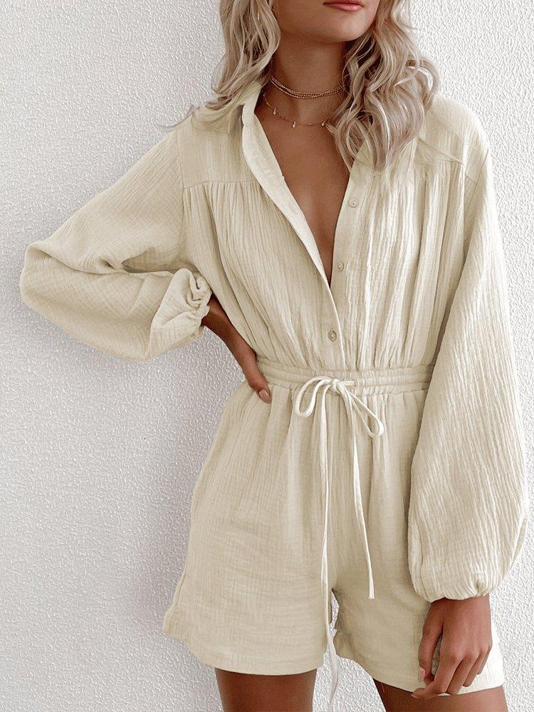 Women's Jumpsuits Long Sleeve Drawstring Pocket Single-Breasted Jumpsuit