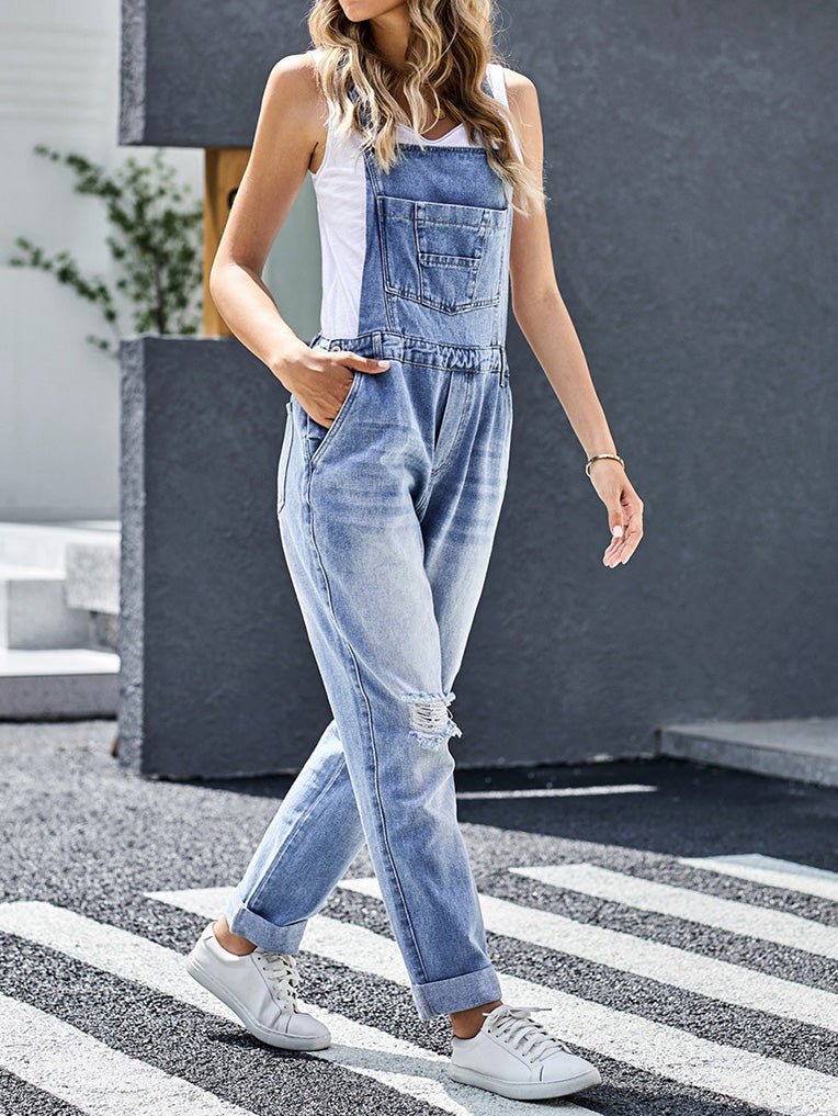 Women's Jumpsuits Loose Pocket Ripped Denim Jumpsuit