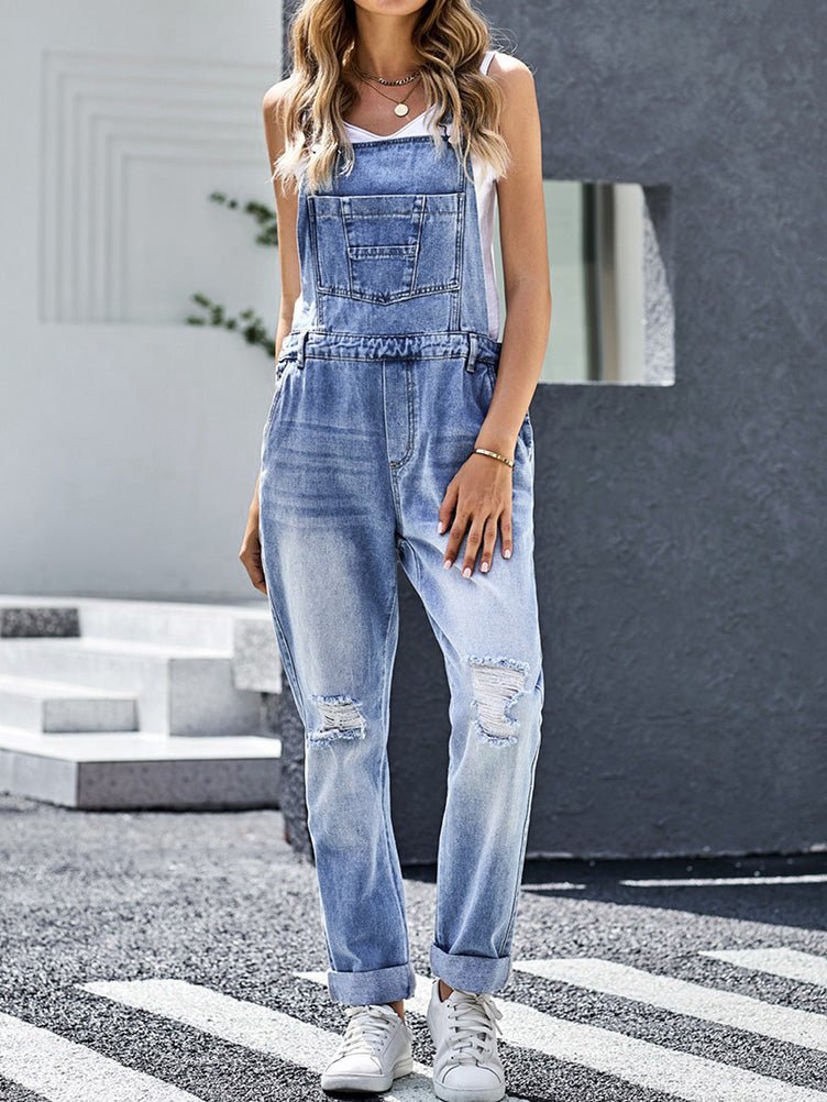 Women's Jumpsuits Loose Pocket Ripped Denim Jumpsuit