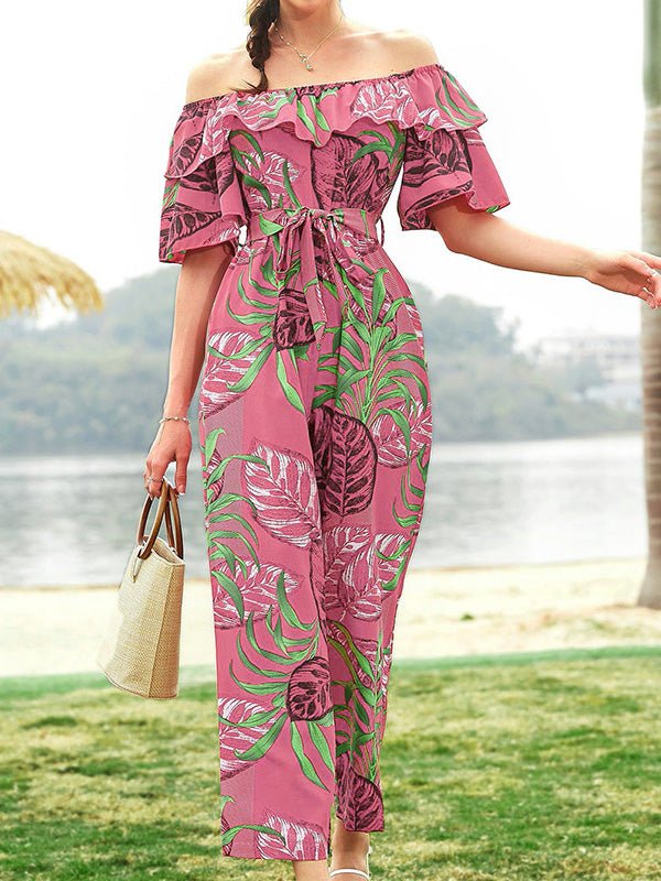 Women's Jumpsuits One-Shoulder Floral Belted Ruffle Jumpsuit