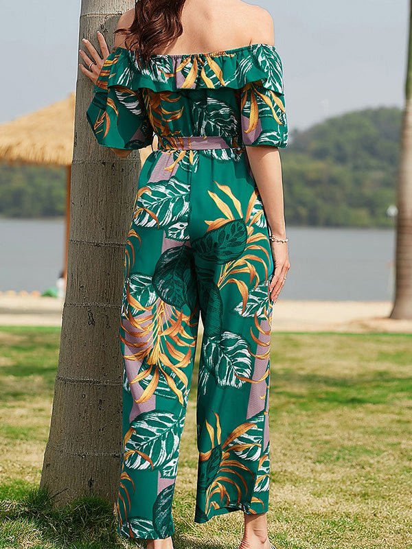 Women's Jumpsuits One-Shoulder Floral Belted Ruffle Jumpsuit