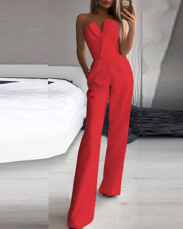 Women's Jumpsuits One-Shoulder Pocket Sleeveless Jumpsuit