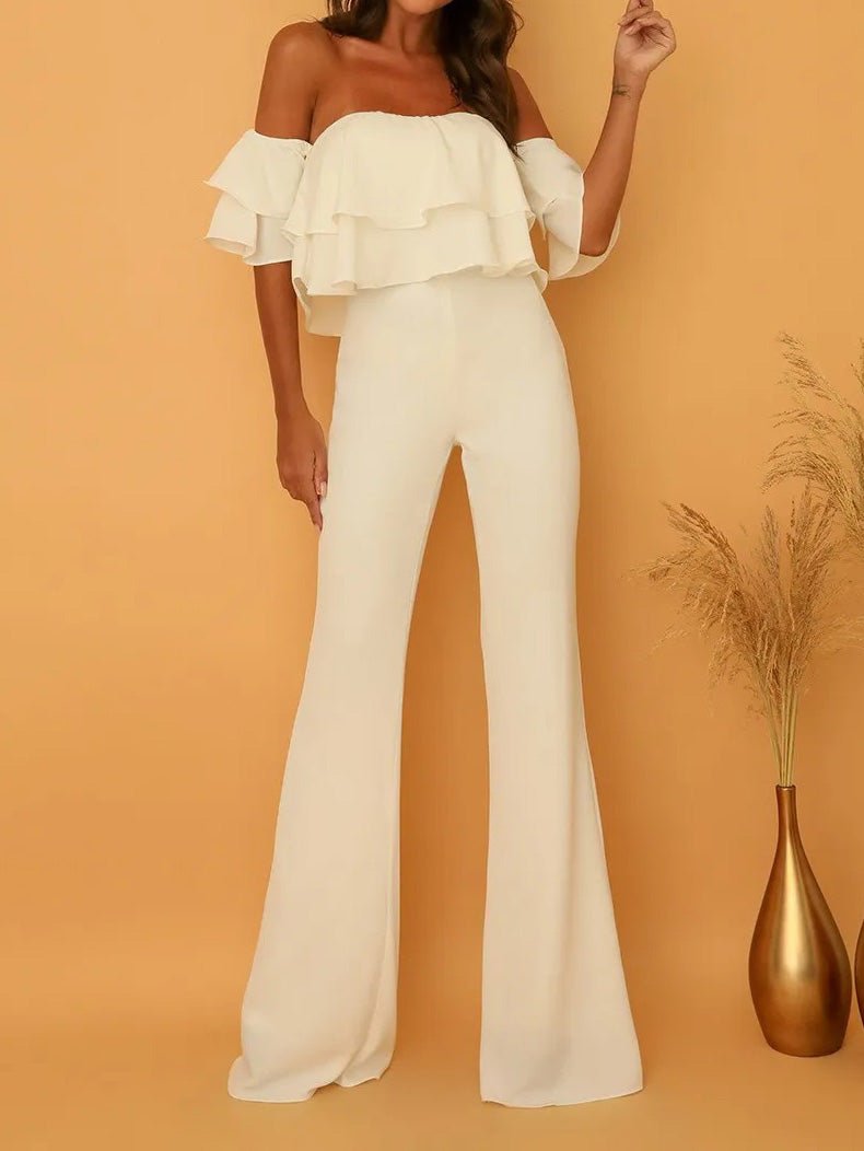 Women's Jumpsuits One Word Collar Ruffled Solid Jumpsuit