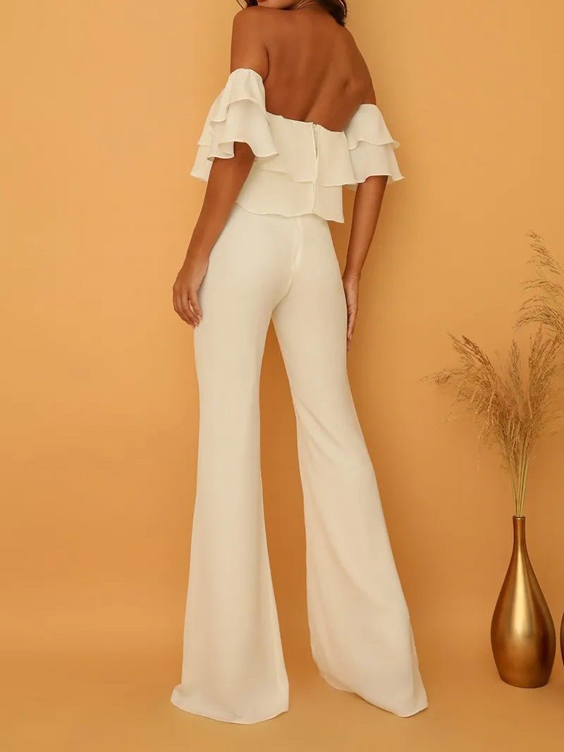 Women's Jumpsuits One Word Collar Ruffled Solid Jumpsuit