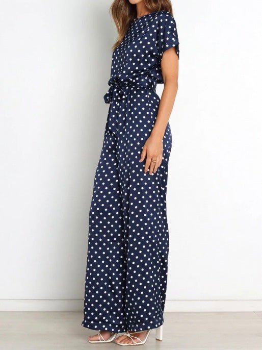 Women's Jumpsuits Polka Dot Print Belted Short Sleeve Jumpsuit