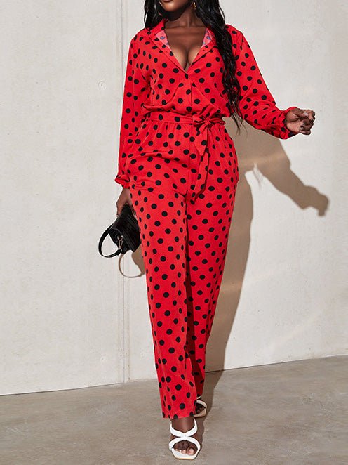 Women's Jumpsuits Polka Dot Print Tie Long Sleeve Jumpsuit