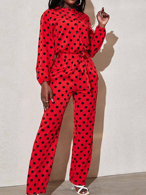 Women's Jumpsuits Polka Dot Print Tie Long Sleeve Jumpsuit