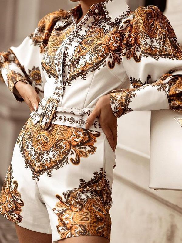 Women's Jumpsuits Printed Fashion Long Sleeve Shorts Jumpsuit