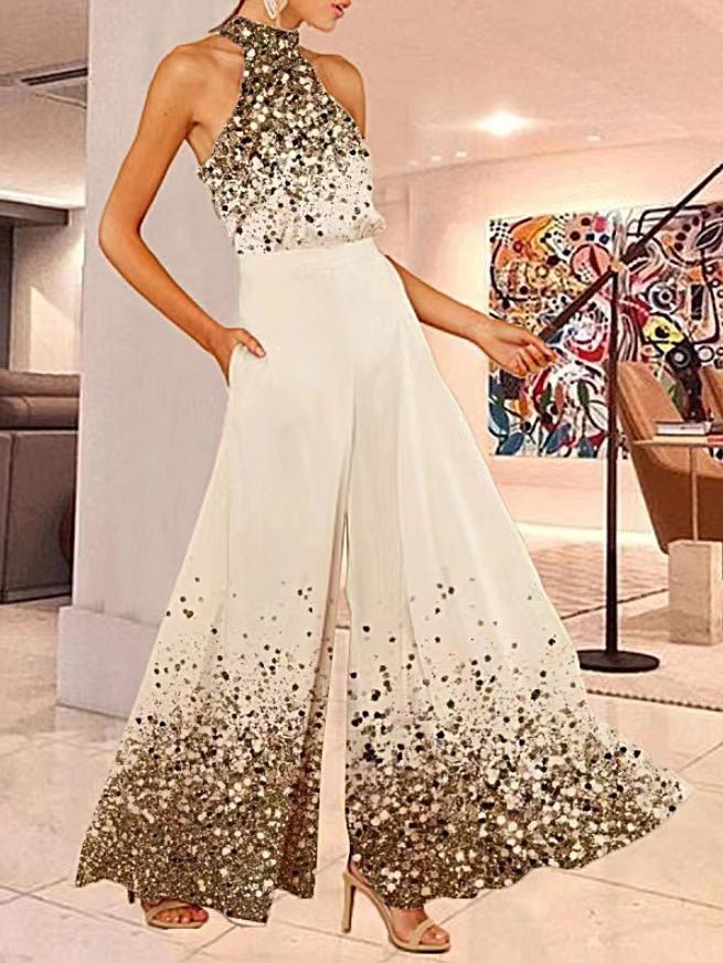 Women's Jumpsuits Printed Halterneck Sleeveless Wide-Leg Jumpsuit