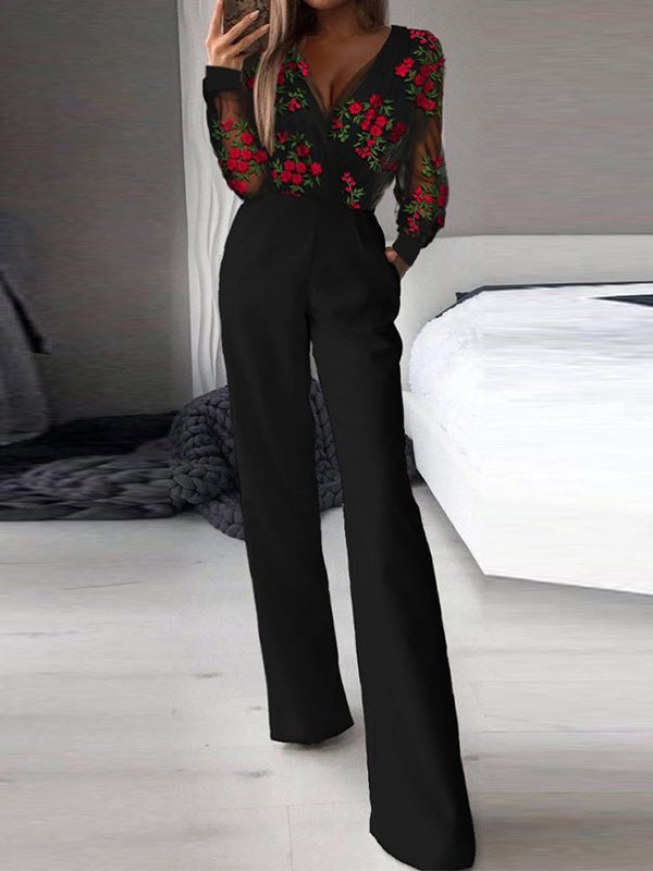 Women's Jumpsuits Printed Mesh V-Neck Long Sleeve Jumpsuit