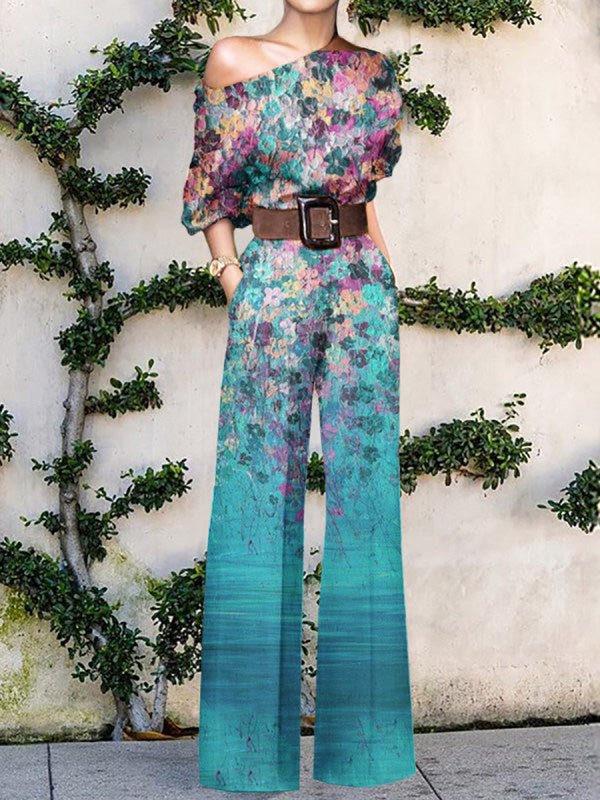 Women's Jumpsuits Printed Sloping Shoulder Wide-Leg Jumpsuit