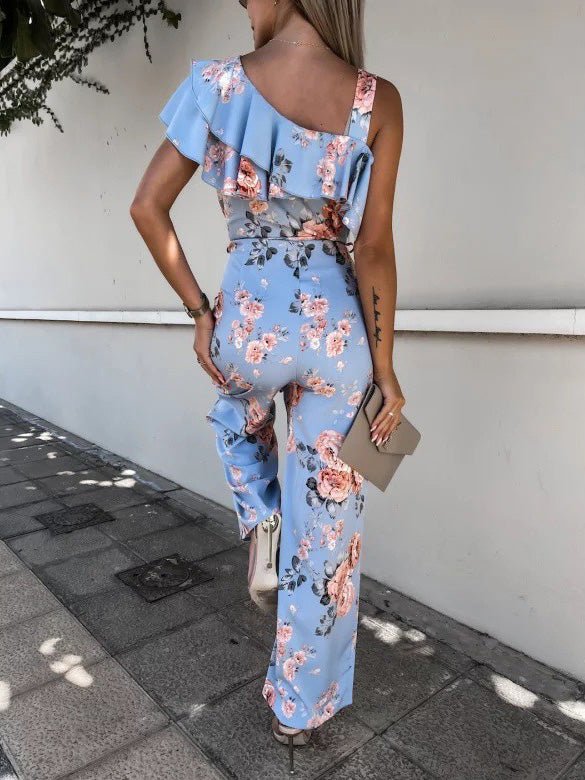 Women's Jumpsuits Printed Suspender Belted Sloping Shoulder Jumpsuit