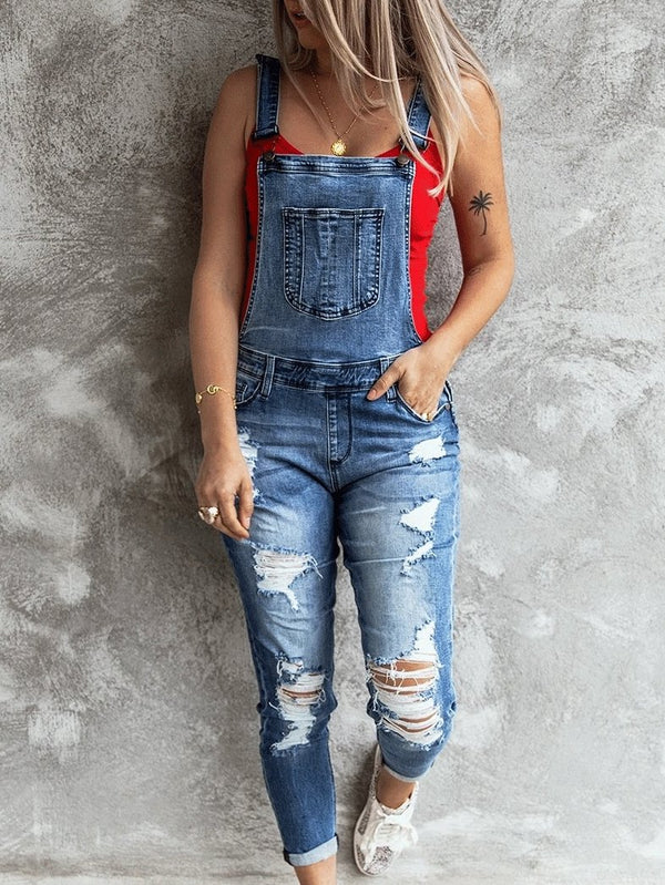 Women's Jumpsuits Retro Ripped Elastic Denim Suspenders Jumpsuit