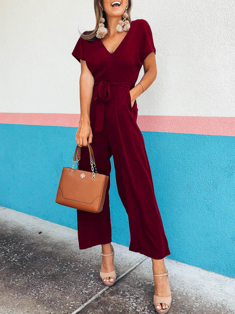 Women's Jumpsuits Short Sleeve V-Neck Belted Pocket Jumpsuit