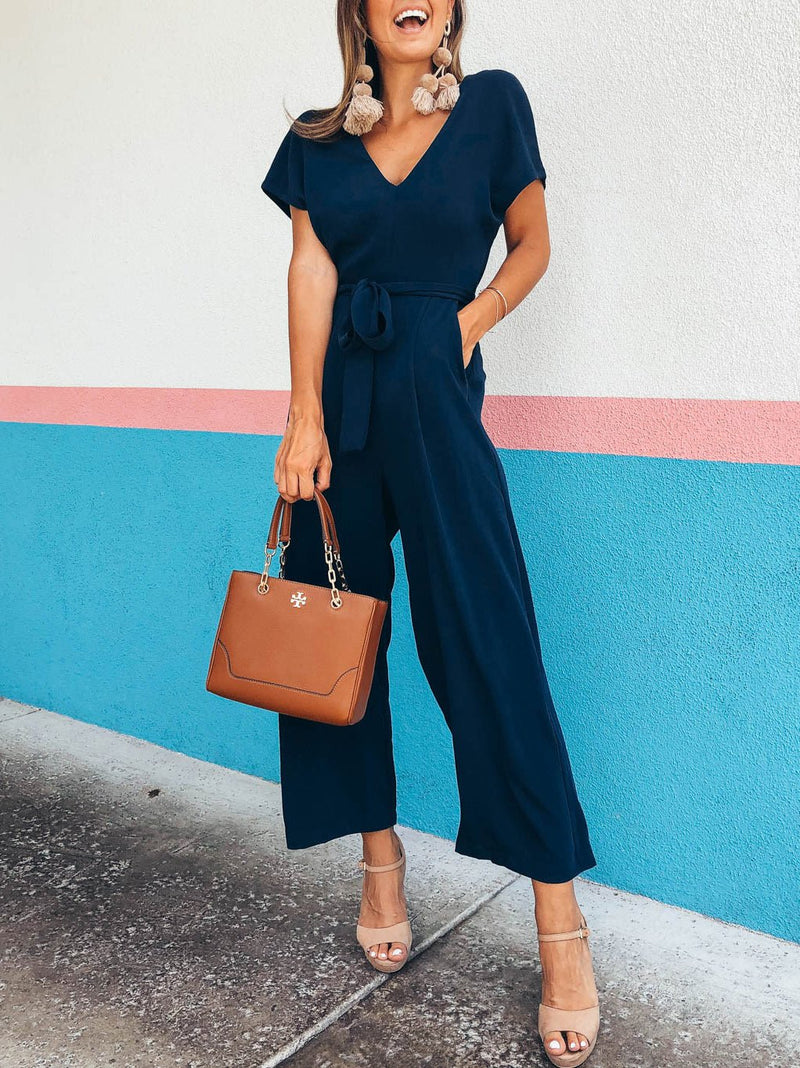 Women's Jumpsuits Short Sleeve V-Neck Belted Pocket Jumpsuit