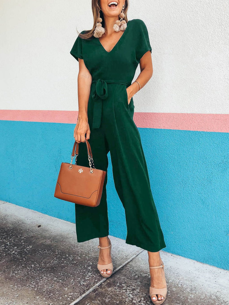 Women's Jumpsuits Short Sleeve V-Neck Belted Pocket Jumpsuit