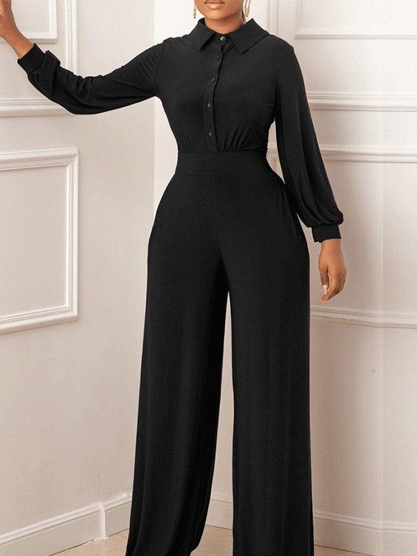 Women's Jumpsuits Single-Breasted Long Sleeve Straight Slim Fit Jumpsuit