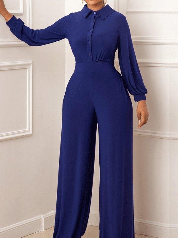 Women's Jumpsuits Single-Breasted Long Sleeve Straight Slim Fit Jumpsuit