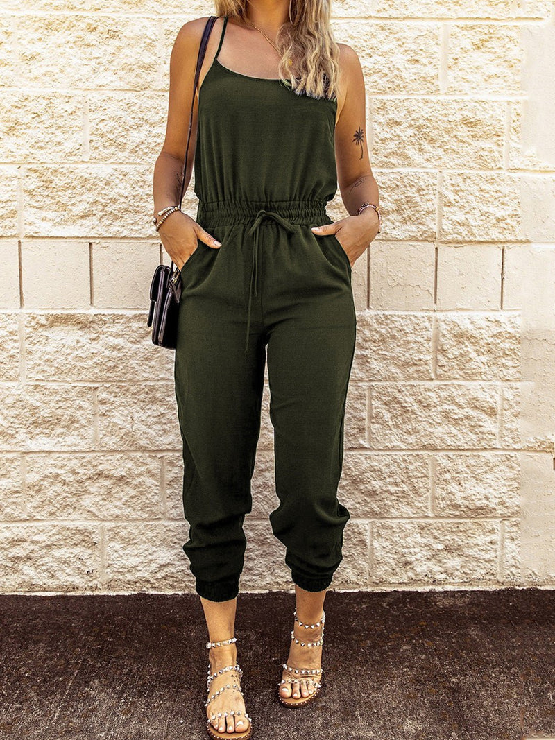 Women's Jumpsuits Sling Tie Elastic Waist Pocket Slim Fit Jumpsuit