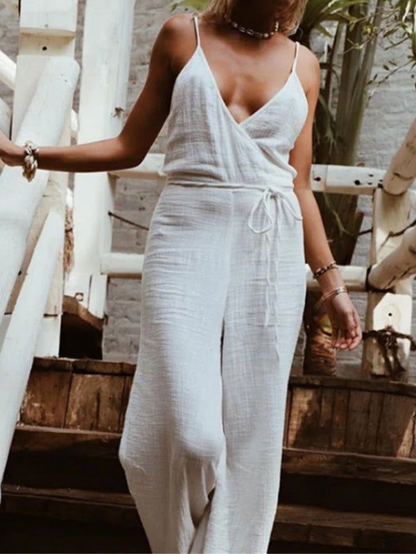 Women's Jumpsuits Sling V-Neck Belted Wide-Leg Jumpsuit