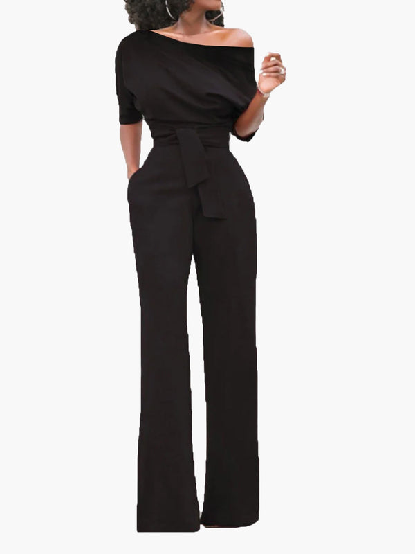 Women's Jumpsuits Sloping Shoulder Pocket Lace Up Jumpsuit