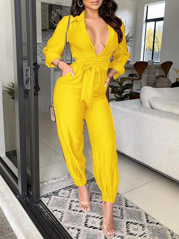 Women's Jumpsuits Solid Long Sleeve Belted Button Jumpsuit