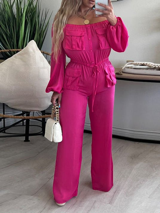 Women's Jumpsuits Solid One Shoulder Long Sleeve Cargo Jumpsuit