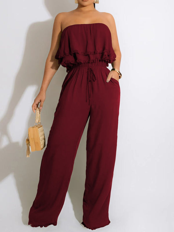 Women's Jumpsuits Solid Ruffle Tie Pocket Jumpsuit