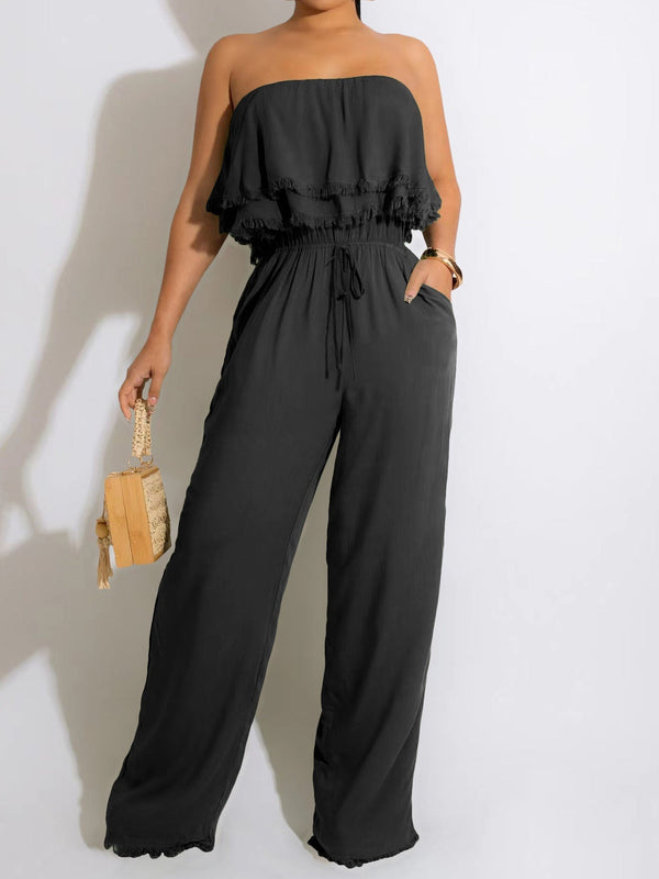 Women's Jumpsuits Solid Ruffle Tie Pocket Jumpsuit