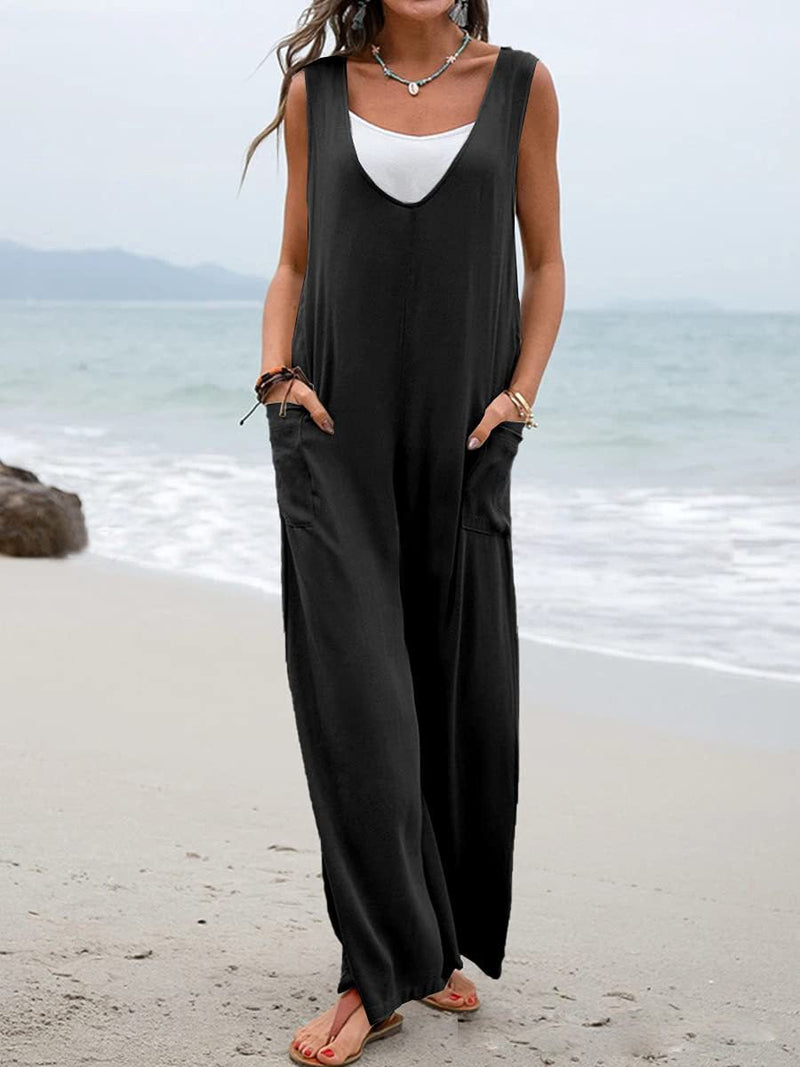 Women's Jumpsuits Solid V-Neck Pocket Wide-Leg Jumpsuit