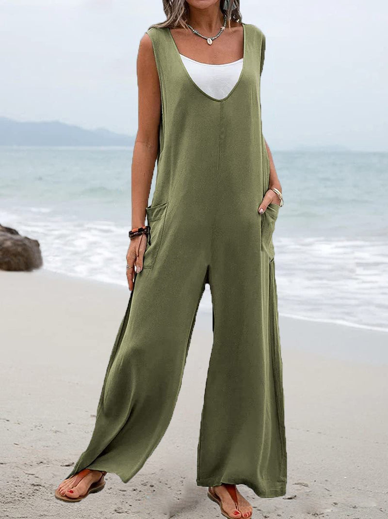 Women's Jumpsuits Solid V-Neck Pocket Wide-Leg Jumpsuit